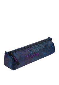 Astuccio viola e nero con intricati motivi blu, forma rettangolare, chiusura con zip e un piccolo anello di stoffa a un'estremità.
