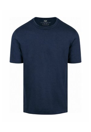 Plain navy blue short-sleeve cotton t-shirt with a round neckline and no visible logos or designs.