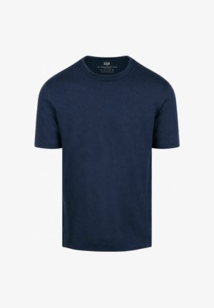 Eenvoudig marineblauw katoenen T-shirt met korte mouwen, ronde hals en zonder zichtbare logo's of ontwerpen.
