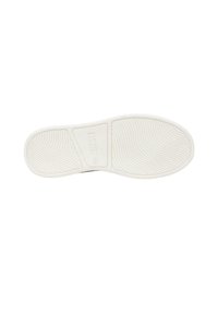 Suela de zapato de goma blanca con ranuras texturizadas y un panel rectangular central. Detalle del logo estampado cerca del talón.
