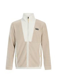 Beige en witte fleecejack met volledige ritssluiting aan de voorkant, hoge kraag, zijzakken met drukknoopjes en een klein zwart logo-opdruk op de borst.