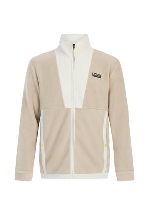 Beige en witte fleecejack met volledige ritssluiting aan de voorkant, hoge kraag, zijzakken met drukknoopjes en een klein zwart logo-opdruk op de borst.