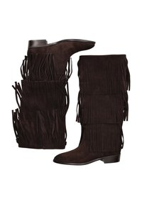 Brown suede knee-high boots with layered fringe detail along the shaft and low block heels, featuring a smooth texture and a clean design.