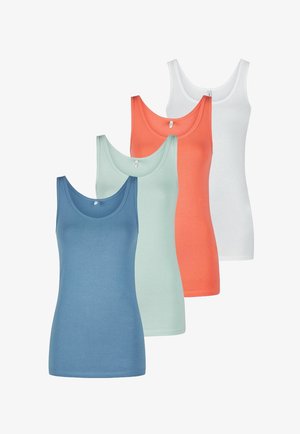 Four solid-color sleeveless tank tops in blue, light green, coral, and white, displayed overlapping in a staggered arrangement.