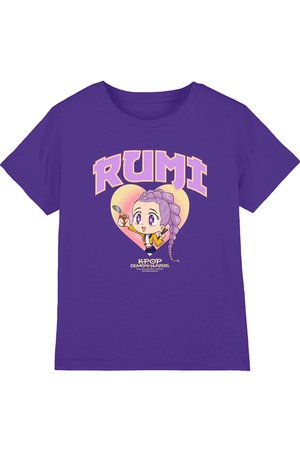 Purple T-shirt with cartoon character holding a spoon and chopsticks inside a heart, text "RUMI" above and "K-POP DEMON HUNTERS" below.