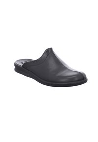 Black leather slip-on shoe with a rounded toe, smooth texture, and a low rubber sole. Features minimal stitching along the upper side.