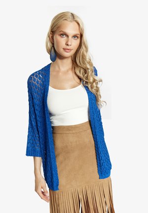 Blå strikket cardigan med åben front og trekvartærmer, båret over en hvid top og en brun frynse-nederdel. Struktureret garn og løst strik.