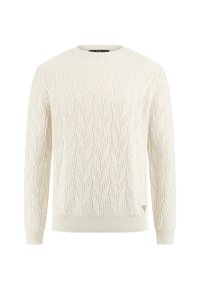 Maglione lavorato a maglia color crema, con texture a motivo foglia, scollo rotondo, polsini e orlo a costine, con una piccola etichetta logo sul lato.