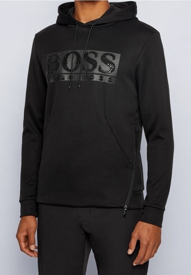 Czarna bluza z kapturem z textured logo z napisem "BOSS." Posiada przednią kieszeń i zamek na dole. Wykonana z miękkiego materiału.