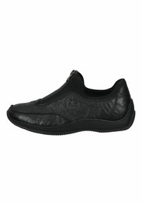 Black leather slip-on shoes with a textured upper, elastic accents, and a side zipper for easy wear; rubber sole provides flexibility.