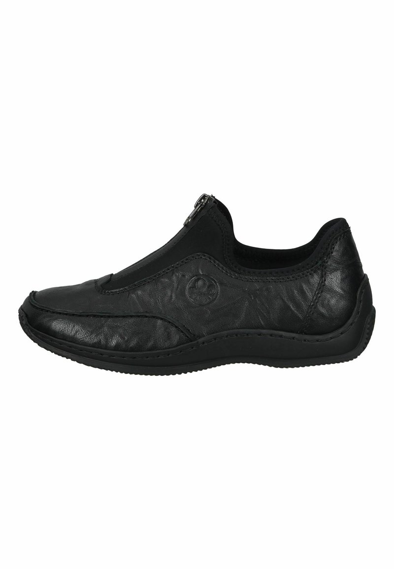 Black leather slip-on shoes with a textured upper, elastic accents, and a side zipper for easy wear; rubber sole provides flexibility.