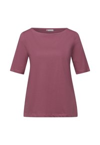 T-shirt court en rose poussiéreux uni, manches courtes, col rond, ourlet droit et détails de couture simples.