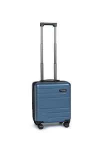 Valigia rigida, colore blu, forma rettangolare, superficie con texture scanalata, manico telescopico nero e 4 ruote per la mobilità.
