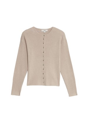 Beige geribde cardigan met een ronde halslijn, knoopsluiting aan de voorkant en lange mouwen. Zacht textiel en subtiele knoopaccenten.