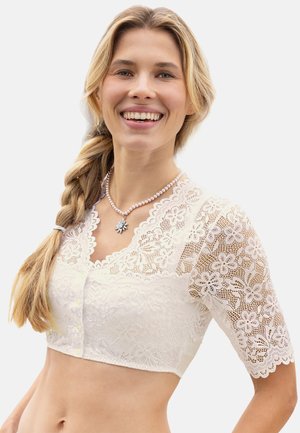 Weißes Spitzen-Bralette mit Blumenmustern, kurzen Ärmeln und einem gezackten Ausschnitt. Verfügt über eine frontale Knopfleiste und eine weiche, zarte Textur.