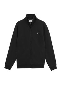 Zwarte zip-up jas van soepel materiaal. Kenmerkt zich door een hoge kraag, lange mouwen en een klein geborduurd logo op de borst.