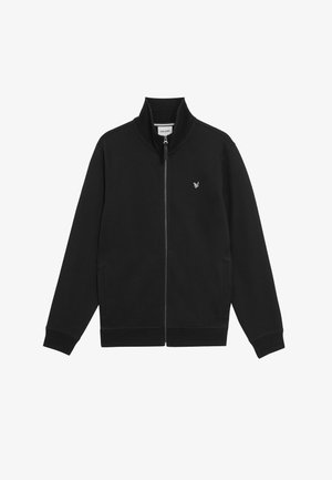 Schwarze Jacke mit Reißverschluss aus glattem Stoff. Sie hat einen hohen Kragen, lange Ärmel und ein kleines gesticktes Logo auf der Brust.