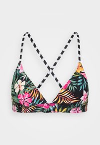 Blomstrande bikiniöverdel med svart bakgrund, prydd med livfulla rosa, gula och gröna tropiska mönster. Remmarna är svart-vita randiga.