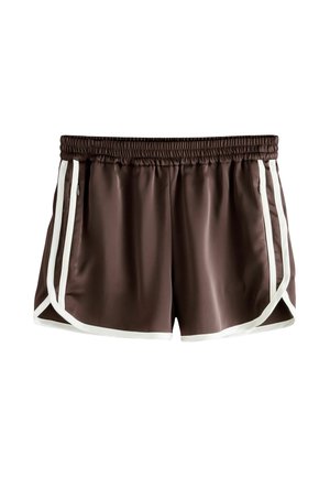 Shorts de sport marron avec bord blanc, taille élastique et poches latérales zippées, conçus pour les vêtements de sport.
