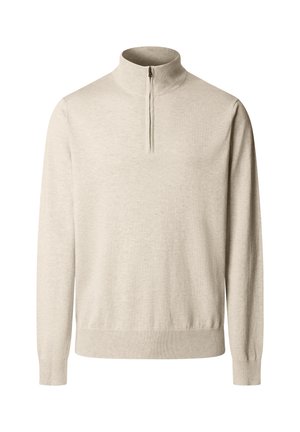Jersey beige de punto de manga larga con cremallera de cuarto, cuello, puños y dobladillo acanalados.