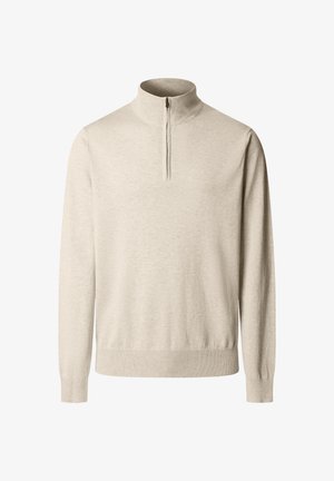 Beige langärmelig gebreide pullover met een kwart rits en geribde kraag, manchetten en zoom.