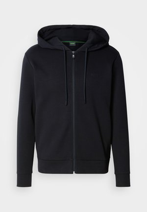 Schwarzer Hoodie mit Reißverschluss aus weichem Stoff, mit Kapuze und Kordelzug, gerippten Bündchen und Saum sowie einem dezenten Logo auf der Brust.