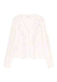 Blouse blanche avec des bords froncés le long de l'encolure et à l'avant. Manches longues avec des poignets froncés, fabriquée dans un tissu léger.