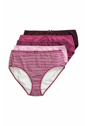 Neljä paria naisten alushousuja vaaleanpunaisen ja burgundin sävyissä. Mukana on yksivärisiä ja ristikkäisvalkoisia malleja, joissa on nauha yksityiskohtana vyötäröllä.