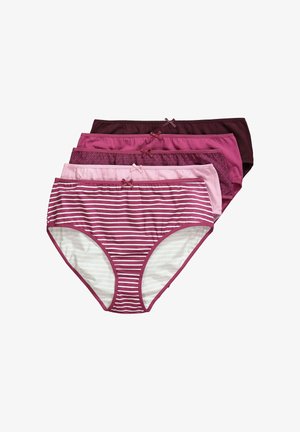 Vier Paare Damenunterwäsche in den Farbtönen Rosa und Bordeaux. Enthält einfarbige Modelle sowie ein gestreiftes Design, mit Schleifenakzenten an der Taille.