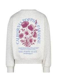 Sudadera gris clara con flores de amapola moradas de California y texto azul que dice "Paraíso de Amapolas de California" y "El Estado de las Amapolas."
