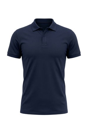 Marineblauw poloshirt met korte mouwen, kraag en een knoopsluiting met twee knopen, weergegeven op een witte achtergrond.