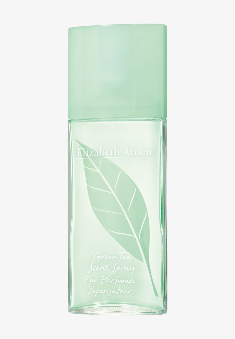 Klare Glas-Parfümflasche mit großem grünen Blattdesign, hellgrünem Verschluss und dem Etikett "Elizabeth Arden Green Tea Scent Spray."