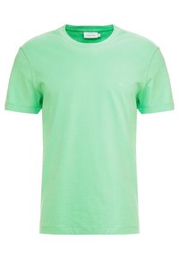 Camiseta de algodón verde claro con cuello redondo y mangas cortas. Presenta un pequeño logo bordado "ck" en el pecho. Ajuste clásico.