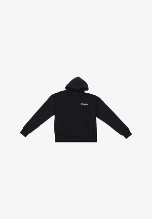 Fekete kapucnis pulcsi, puha anyagból készült, elülső zsebbel, hosszú ujjakkal és húzózsinórral ellátott kapucnikkal. A mellkason fehér "Dropsize" logó található.