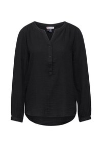 Blusa nera a maniche lunghe con scollo a V, chiusura frontale a bottoni, tessuto leggermente testurizzato e orlo curvo. Design a taglio casual.