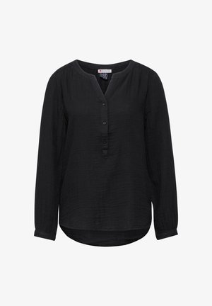 Czarna bluzka z długim rękawem, dekoltem w kształcie litery V, z przodu zapinana na guziki, lekko teksturowany materiał i zaokrąglony dół. Luźny krój.