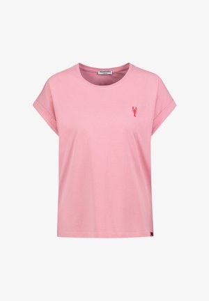 Pinkes T-Shirt mit kurzen Ärmeln, aufgerollten Bündchen, rundem Halsauschnitt und kleiner roter Hummerstickerei auf der linken Brust.