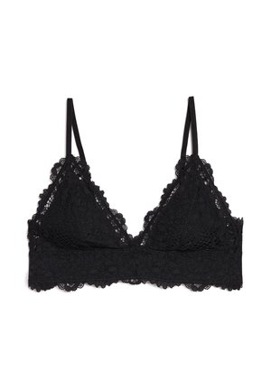 Zwarte kanten bralette met een driehoekige vorm, dunne verstelbare bandjes en golvende randen. Kenmerkt een bloemig kanten patroon en een zachte textuur.