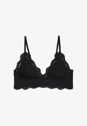 Zwarte kanten bralette met een driehoekige vorm, dunne verstelbare bandjes en golvende randen. Kenmerkt een bloemig kanten patroon en een zachte textuur.