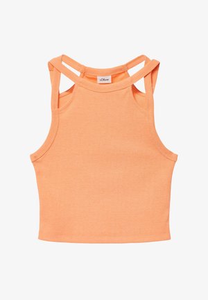 Orange ribbed tank top with a fitted design, featuring wide straps and an open back. Made from stretchy fabric for comfort.