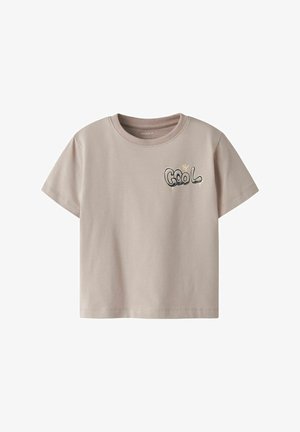Beige short-sleeve t-shirt with round neck and small graffiti text "COOL" on the left chest printed in black and yellow.