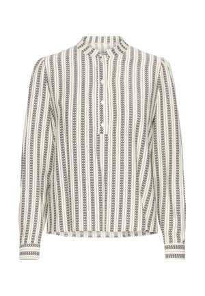 Blouse crème à manches longues avec des rayures géométriques verticales noires, patte de boutonnage partielle et col band.