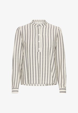 Blouse crème à manches longues avec des rayures géométriques verticales noires, patte de boutonnage partielle et col band.