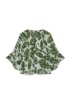 Blouse blanche avec manches larges et amples, motif floral paisley vert, col rond avec détail de lien à l'avant.