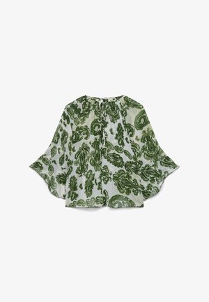 Blusa bianca con maniche larghe e morbide e motivo floreale paisley verde, con scollo rotondo e dettaglio con nodo frontale.
