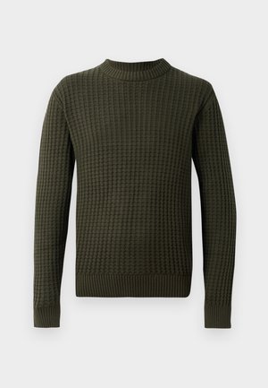 Maglione a maglia verde scuro con motivo testurizzato, colletto e polsini a costine. Maniche lunghe e design dritto senza decorazioni.
