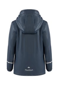 Tamsiai mėlynas vandeniui atsparus džemperis su gobtuvu, turintis elastingas rankoves ir atspindinčią juostą ant rankovių. Lygi, blizgi tekstūra su logotipo detale.