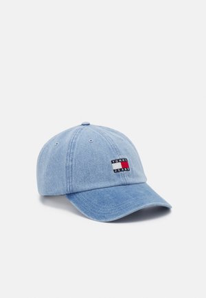 Light blue denim baseball cap with curved brim and small rectangular Tommy Jeans logo on front panel.