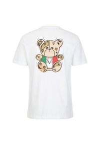 Witte katoenen T-shirt met een grafisch ontwerp van een beer met een patroon, die een Italiaanse vlag draagt, en de tekst "1969" boven zijn poten.