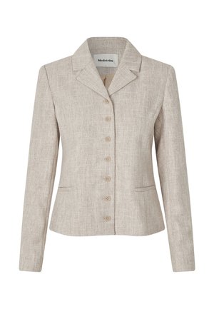 Beige linnen blazer met een geknipt kraag, zeven knoopsluitingen, twee voorzakken en een getailleerde pasvorm met lange mouwen.